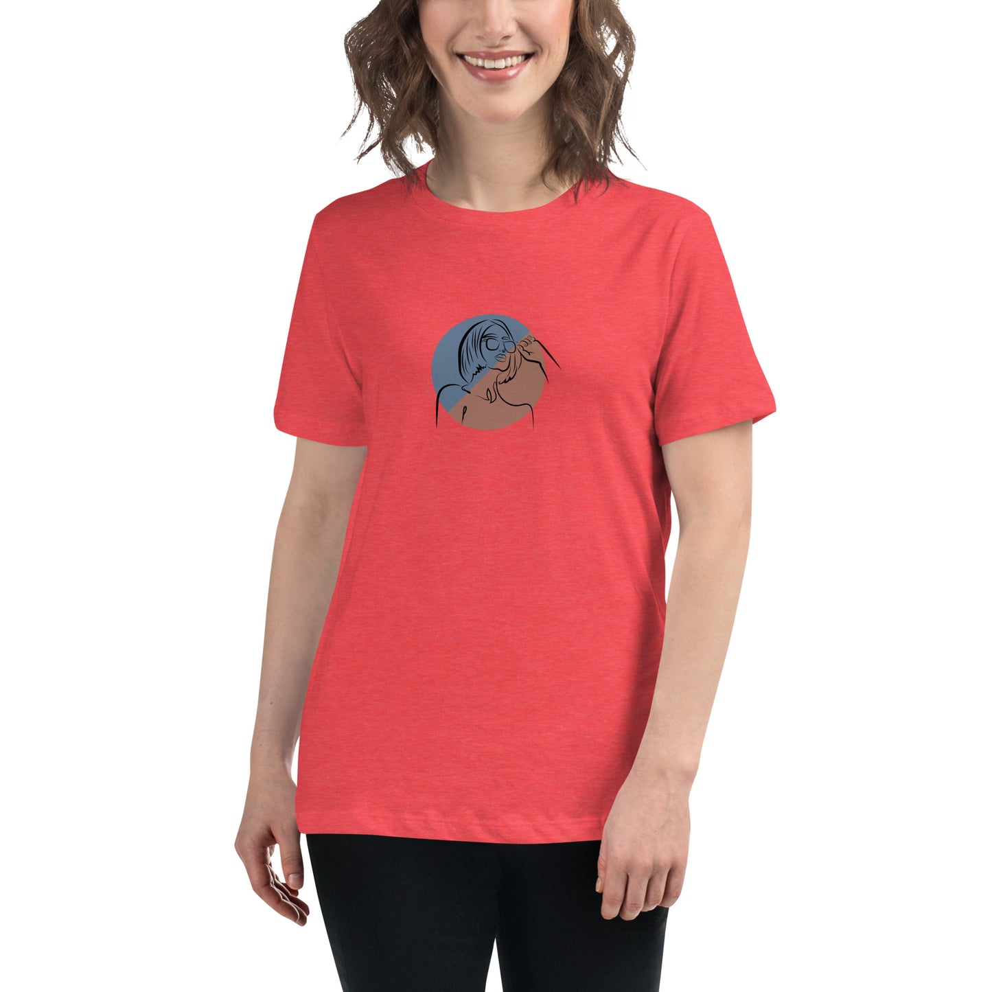 Woman wearing a heather ref relaxed tee with a minimalist portrait graphic design, representing comfortable and authentic fashion by BYOL.