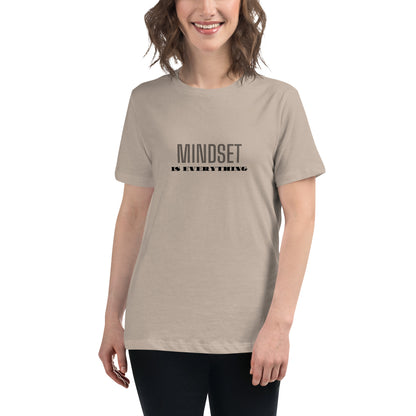 Woman wearing a stone relaxed t-shirt with the phrase "Mindset is Everything" printed in black.