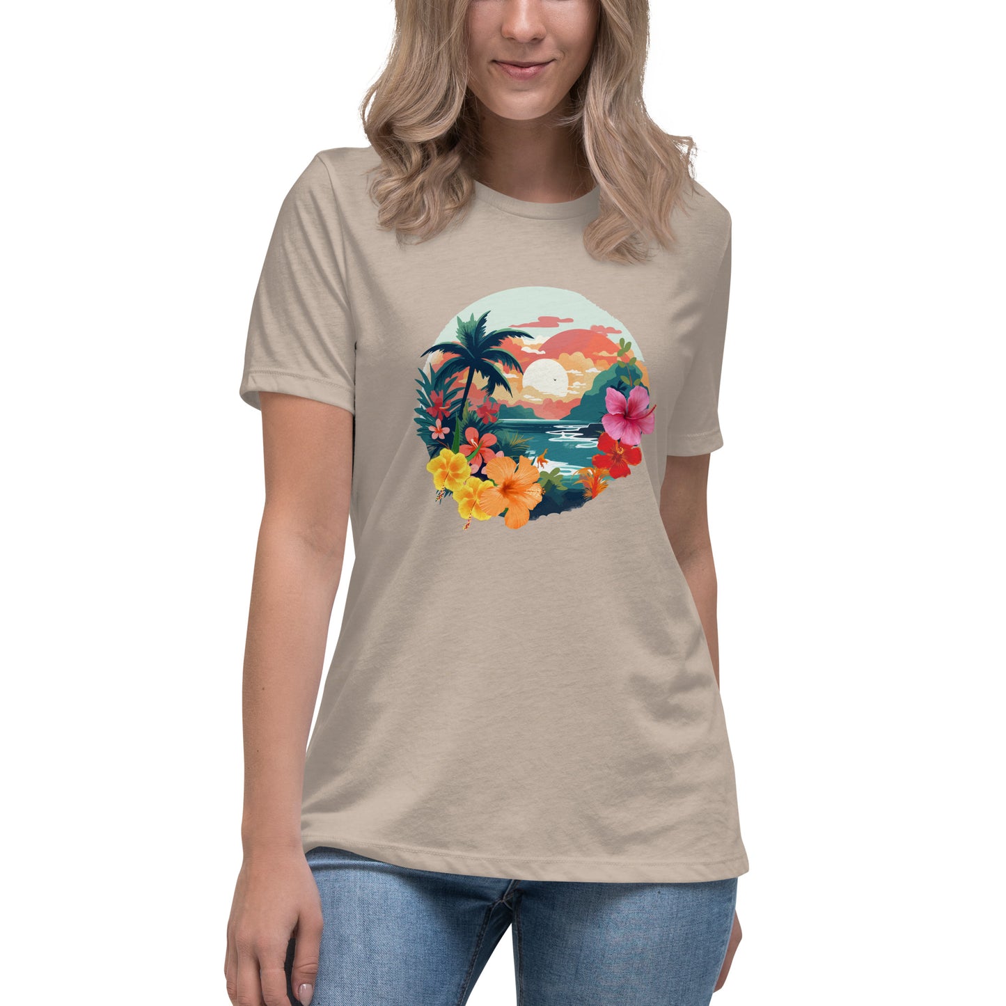 Woman in heather natural relaxed t-shirt with vibrant tropical design