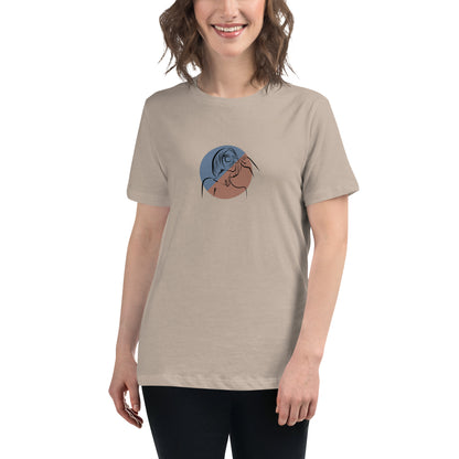 Woman wearing a heather prism stone relaxed tee with a minimalist portrait graphic design, representing comfortable and authentic fashion by BYOL.