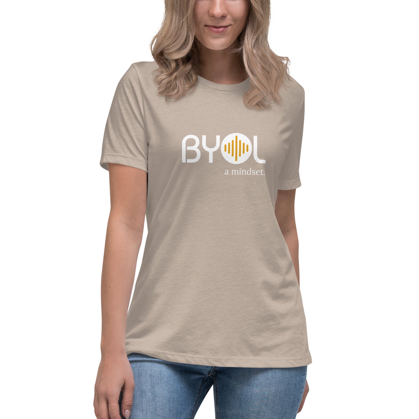 Woman wearing a athletic stone relaxed fit BYOL mindset t-shirt  with color options in black, pink, blue, and gray, available in sizes S to 3XL.