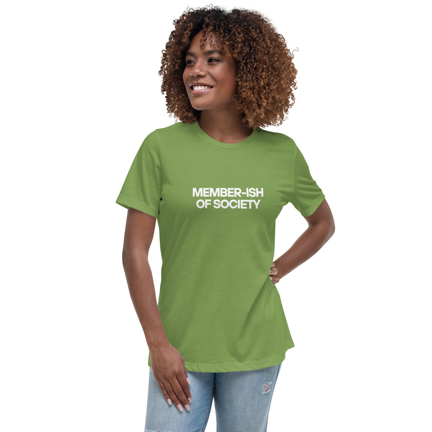 Smiling woman wearing a leaf green relaxed t-shirt with 'Member-ish of Society' slogan