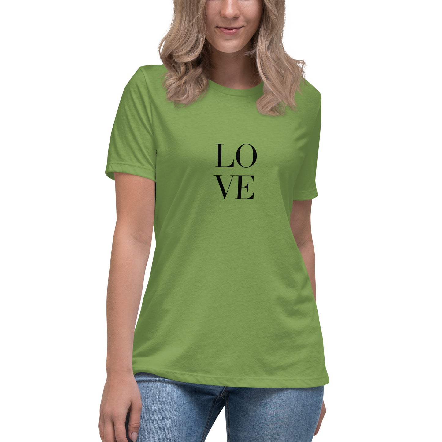 Woman wearing leaf green bold statement relaxed t-shirt with LOVE design