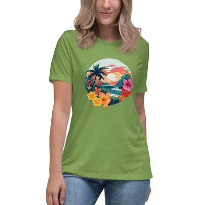 Woman in leaf green relaxed t-shirt with vibrant tropical design