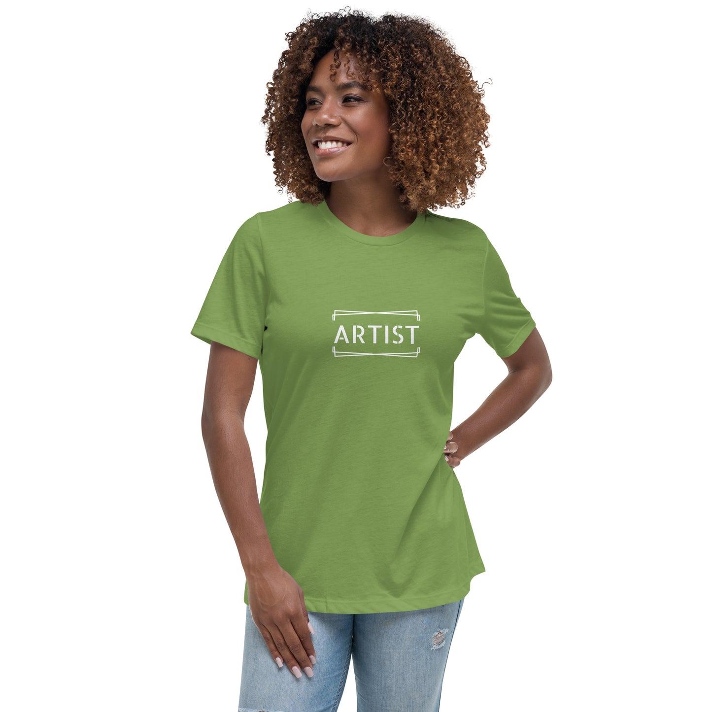 Woman wearing a leaf green relaxed t-shirt labeled 'ARTIST'