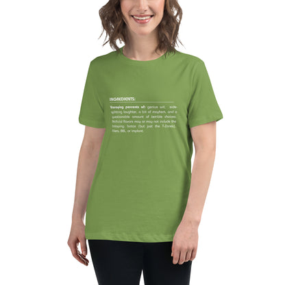 Smiling woman wearing a leaf green relaxed t-shirt with a humorous 'Ingredients of Me' list graphic