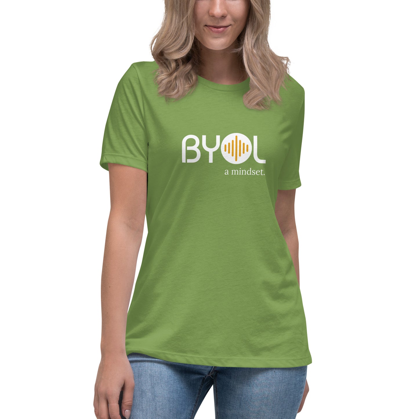 Woman wearing a leaf relaxed fit BYOL mindset t-shirt  with color options in black, pink, blue, and gray, available in sizes S to 3XL.