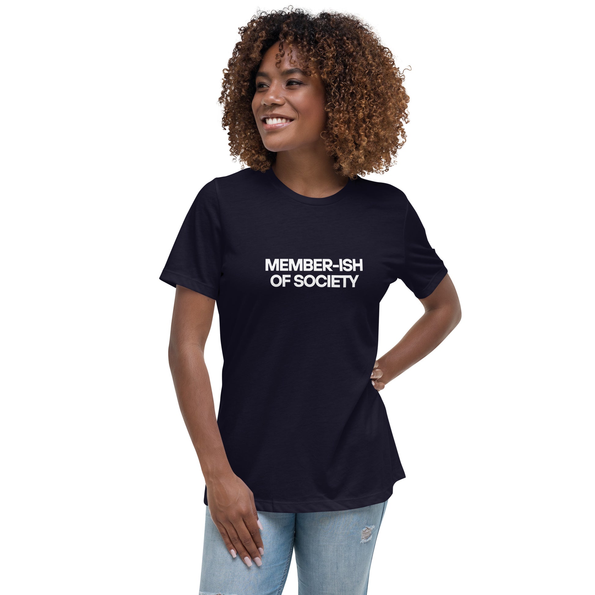 Smiling woman wearing a navy blue relaxed t-shirt with 'Member-ish of Society' slogan