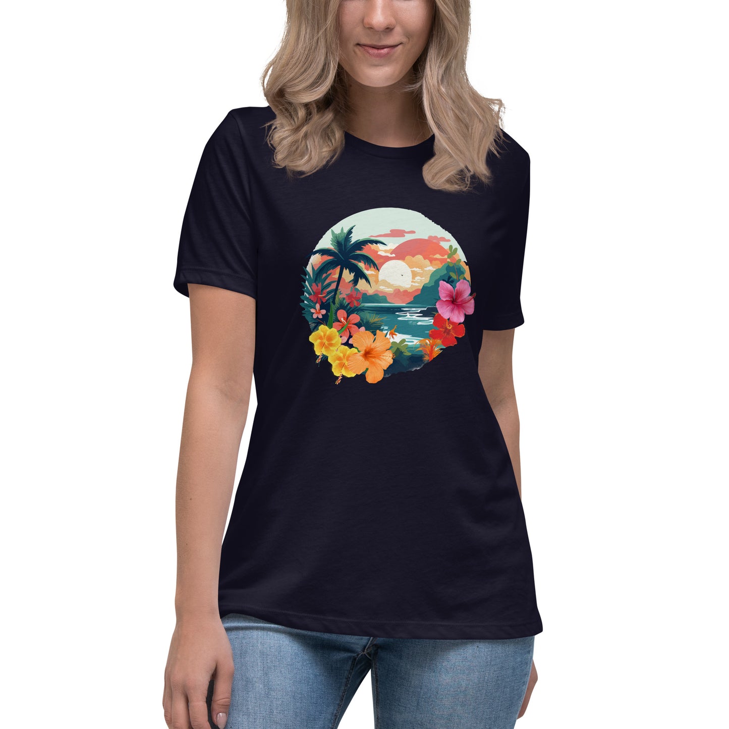 Woman in dark blue relaxed t-shirt with vibrant tropical design