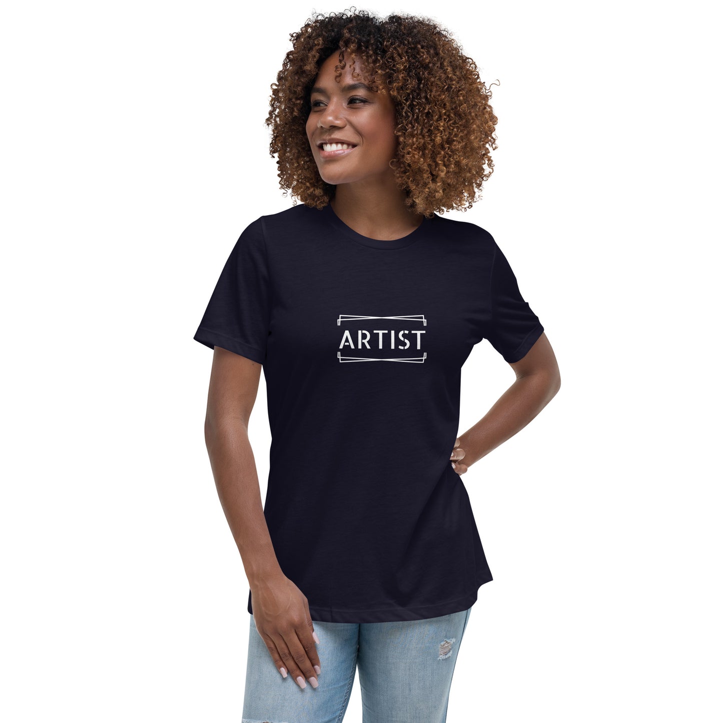 Woman wearing a dark blue relaxed t-shirt labeled 'ARTIST'