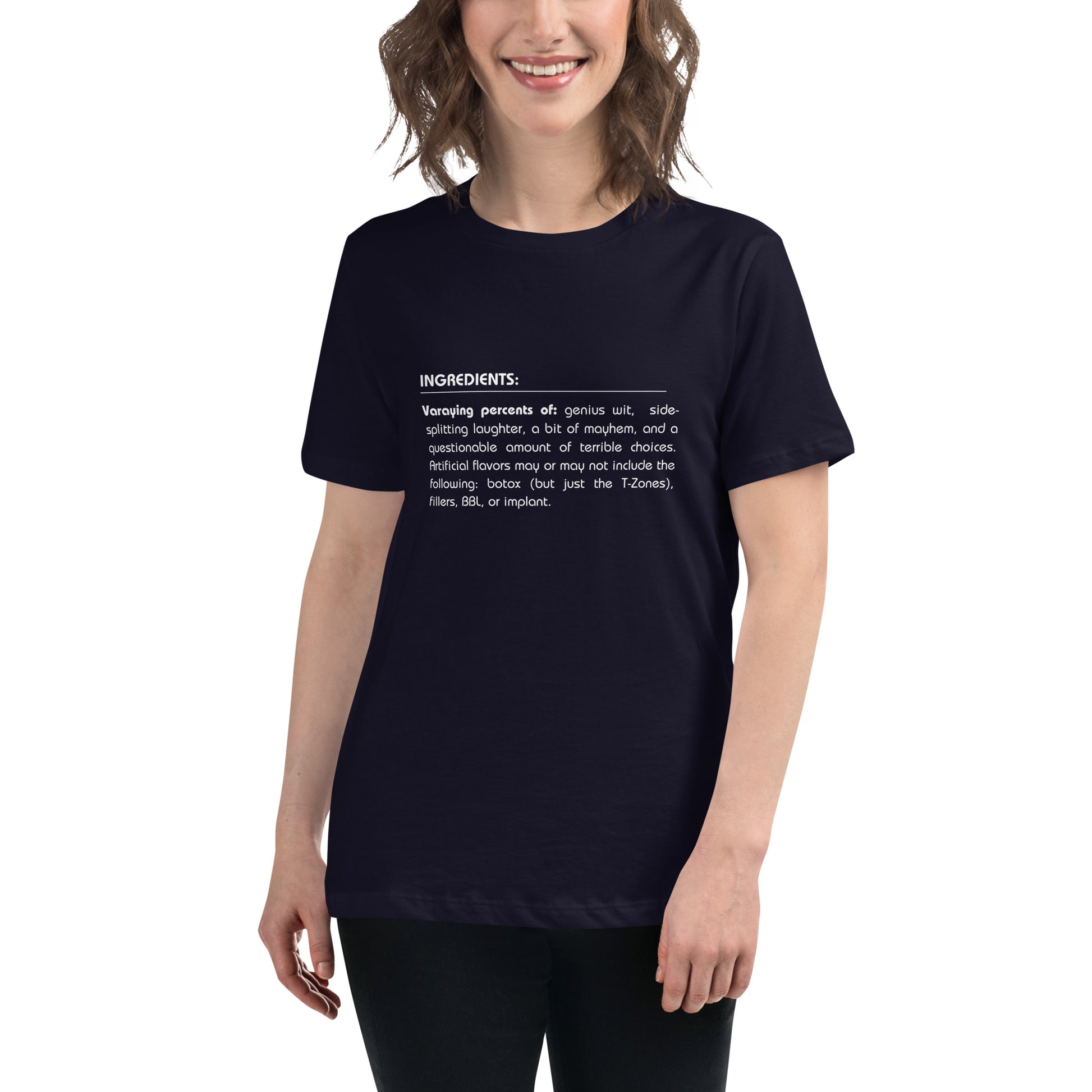 Smiling woman wearing a navy relaxed t-shirt with a humorous 'Ingredients of Me' list graphic