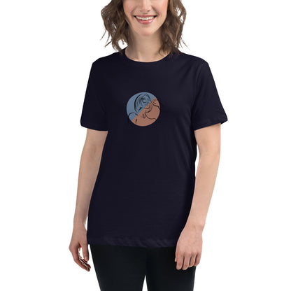 Woman wearing a navy relaxed tee with a minimalist portrait graphic design, representing comfortable and authentic fashion by BYOL.