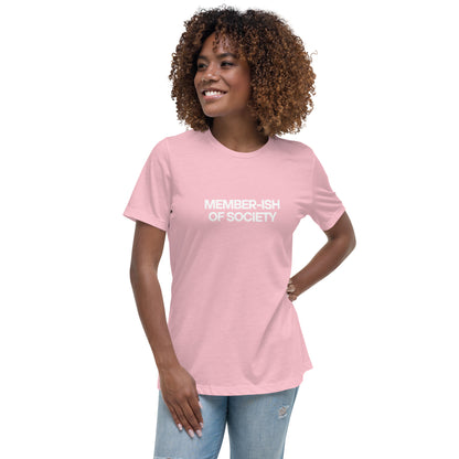 Smiling woman wearing a pink relaxed t-shirt with 'Member-ish of Society' slogan