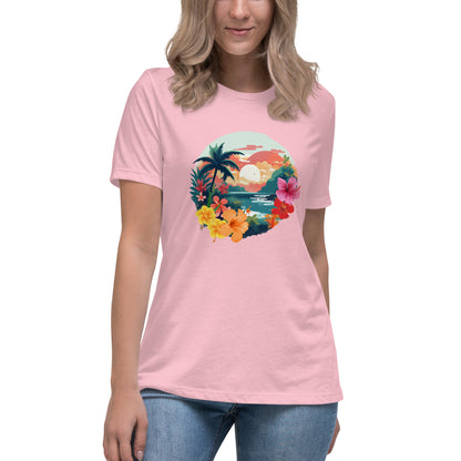 Woman in pink relaxed t-shirt with vibrant tropical design