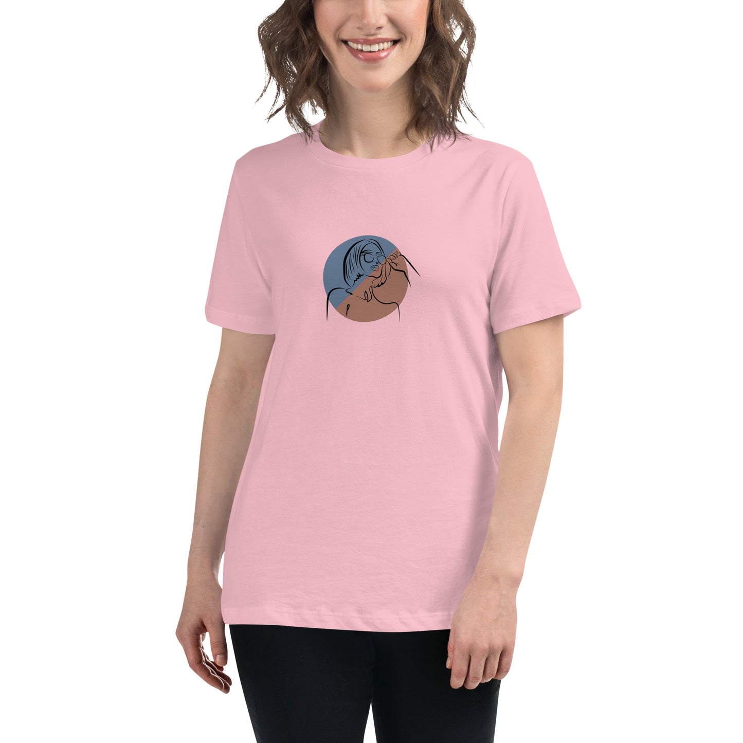 Woman wearing a pink relaxed tee with a minimalist portrait graphic design, representing comfortable and authentic fashion by BYOL.