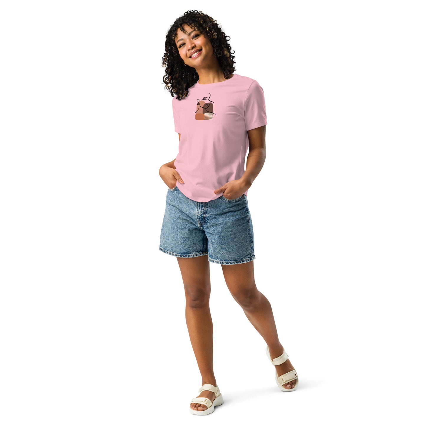 Woman wearing a pink relaxed tee with a minimalist portrait graphic design, representing comfortable and authentic fashion by BYOL.