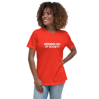 Smiling woman wearing a poppy red relaxed t-shirt with 'Member-ish of Society' slogan