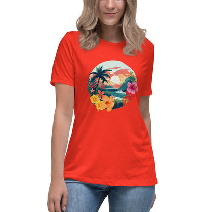 Woman in poppy relaxed t-shirt with vibrant tropical design