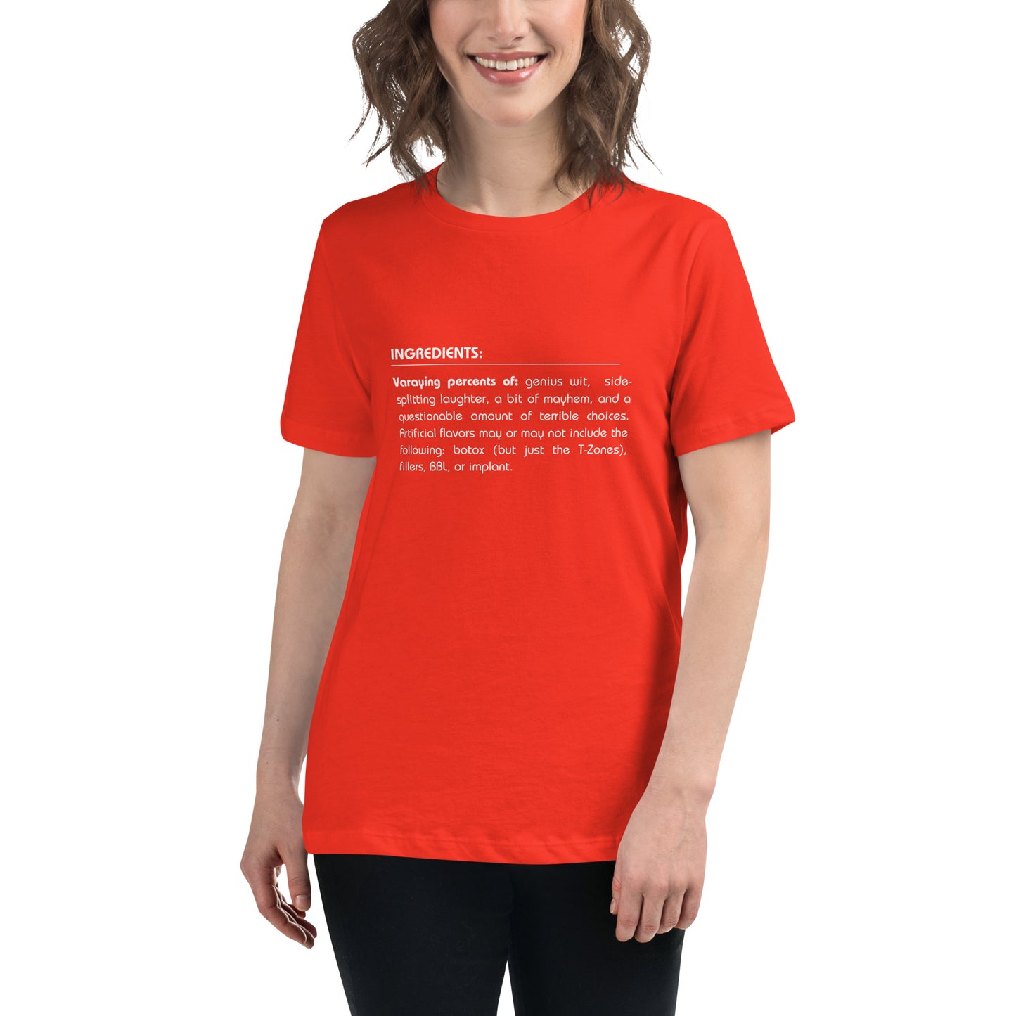 Smiling woman wearing a poppy red relaxed t-shirt with a humorous 'Ingredients of Me' list graphic