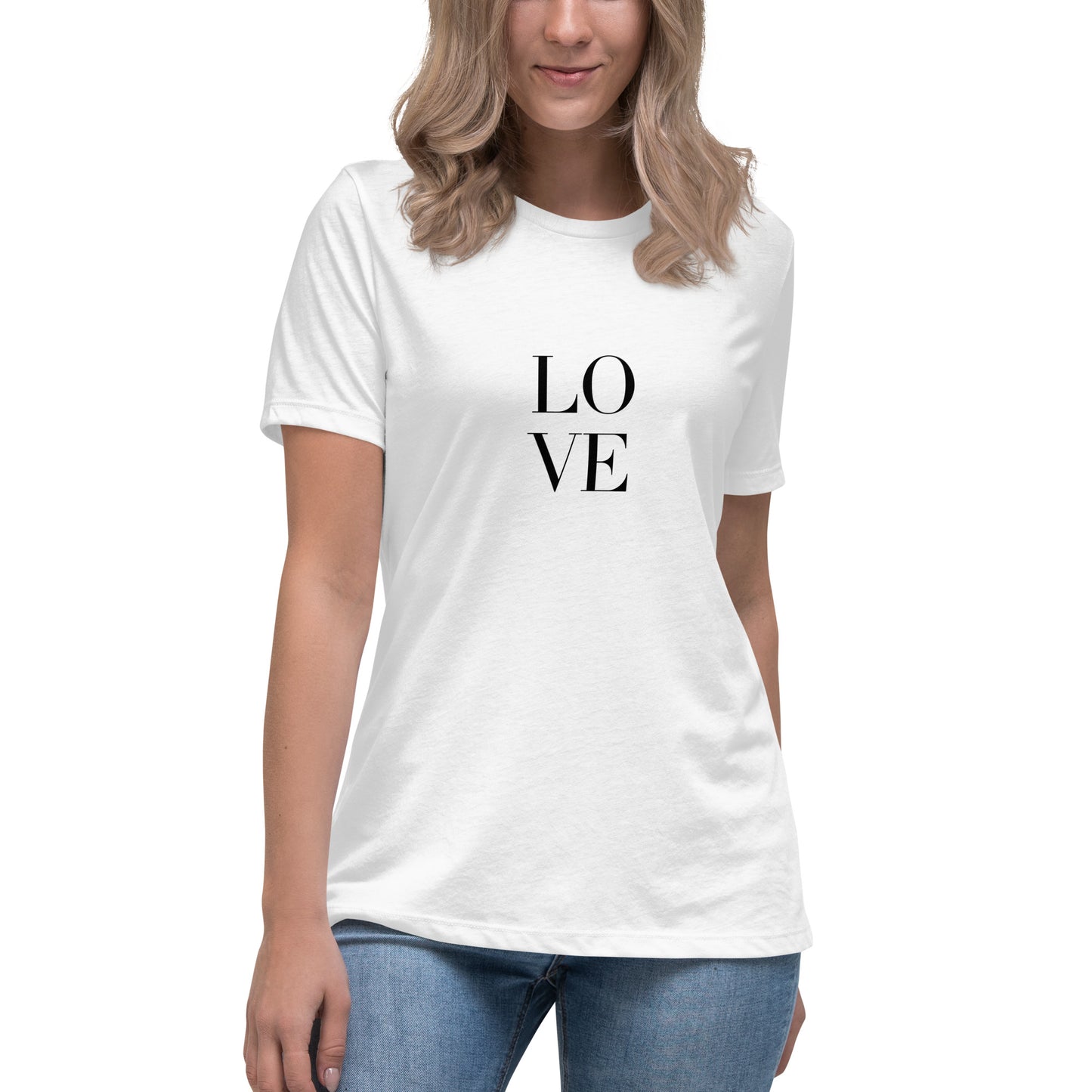 Woman wearing white bold statement relaxed t-shirt with LOVE design