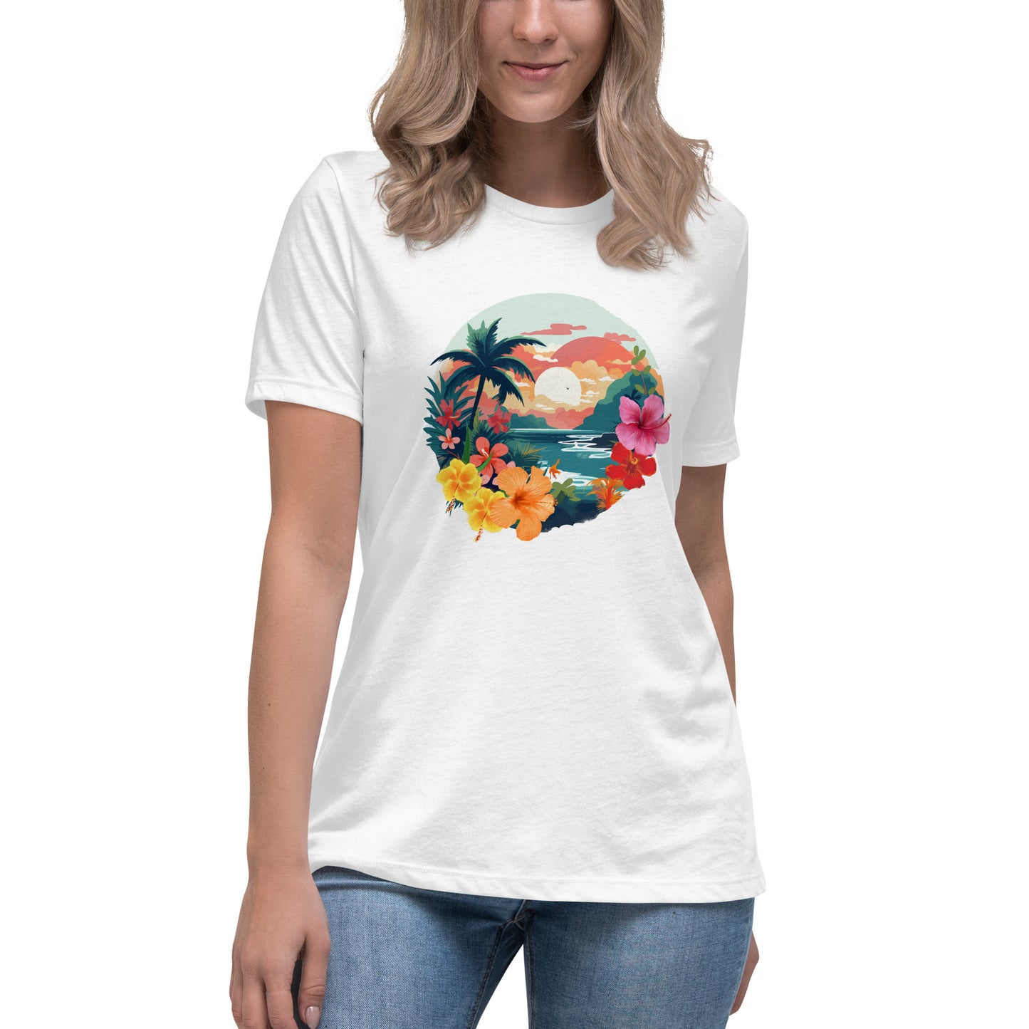 Woman in white relaxed t-shirt with vibrant tropical design