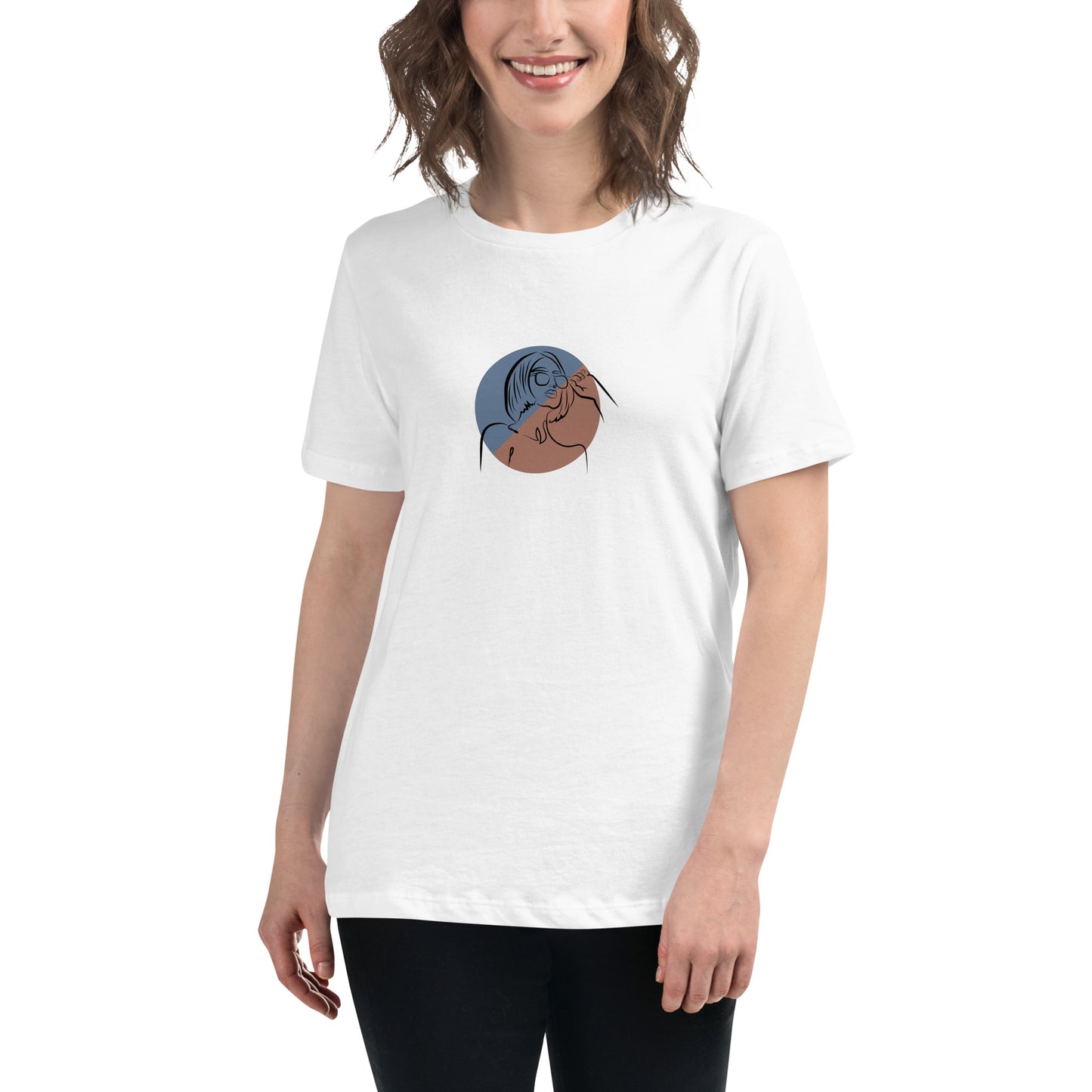 Woman wearing a white relaxed tee with a minimalist portrait graphic design, representing comfortable and authentic fashion by BYOL.