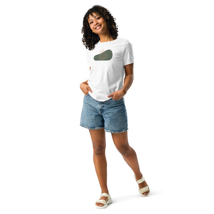 Woman wearing a white relaxed tee with a subtle floral coffee cup graphic design, representing comfortable and authentic fashion by BYOL.