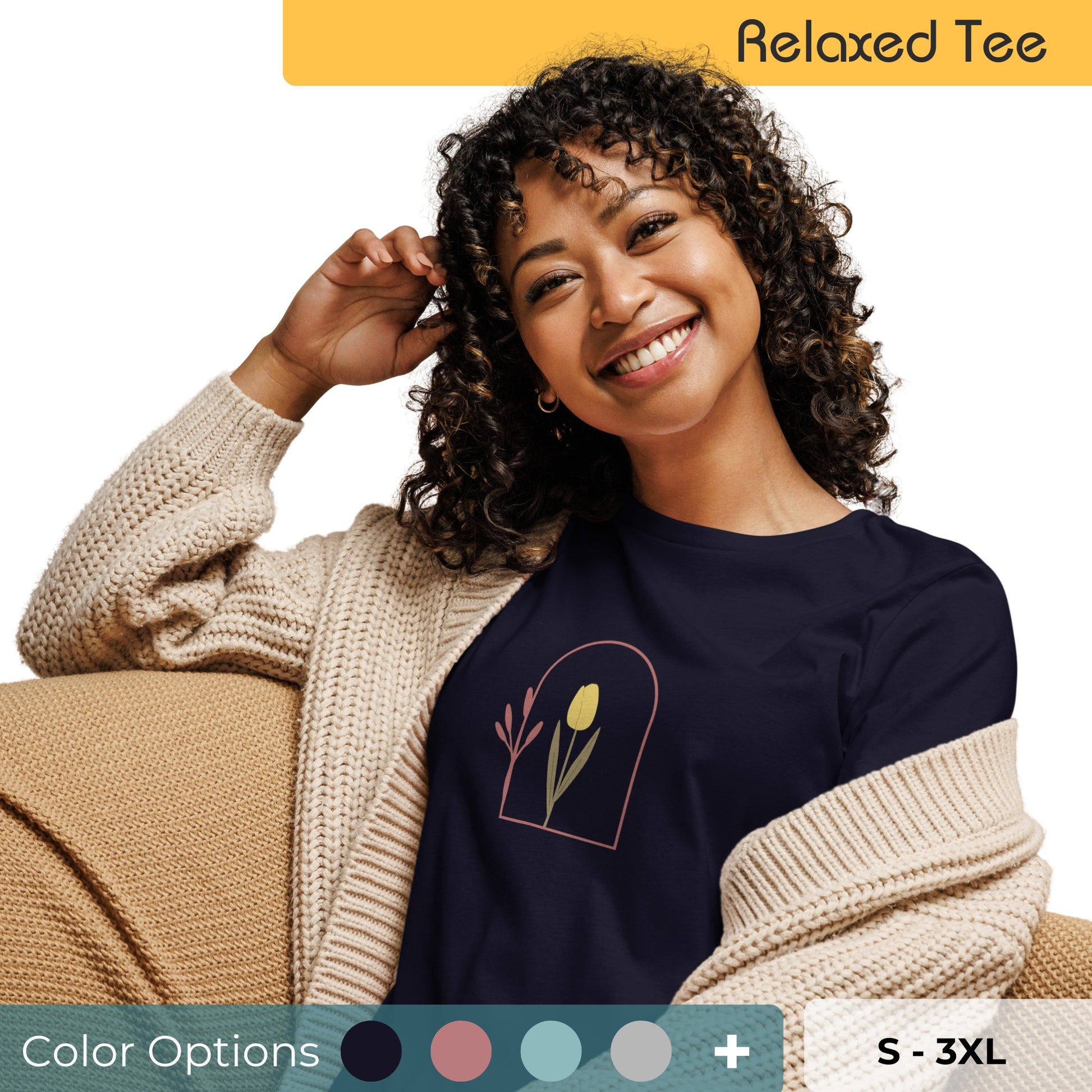 Woman wearing a relaxed tee with a minimalist tulip window graphic design, representing comfortable and authentic fashion by BYOL. Showing that there are multiple color and size options available